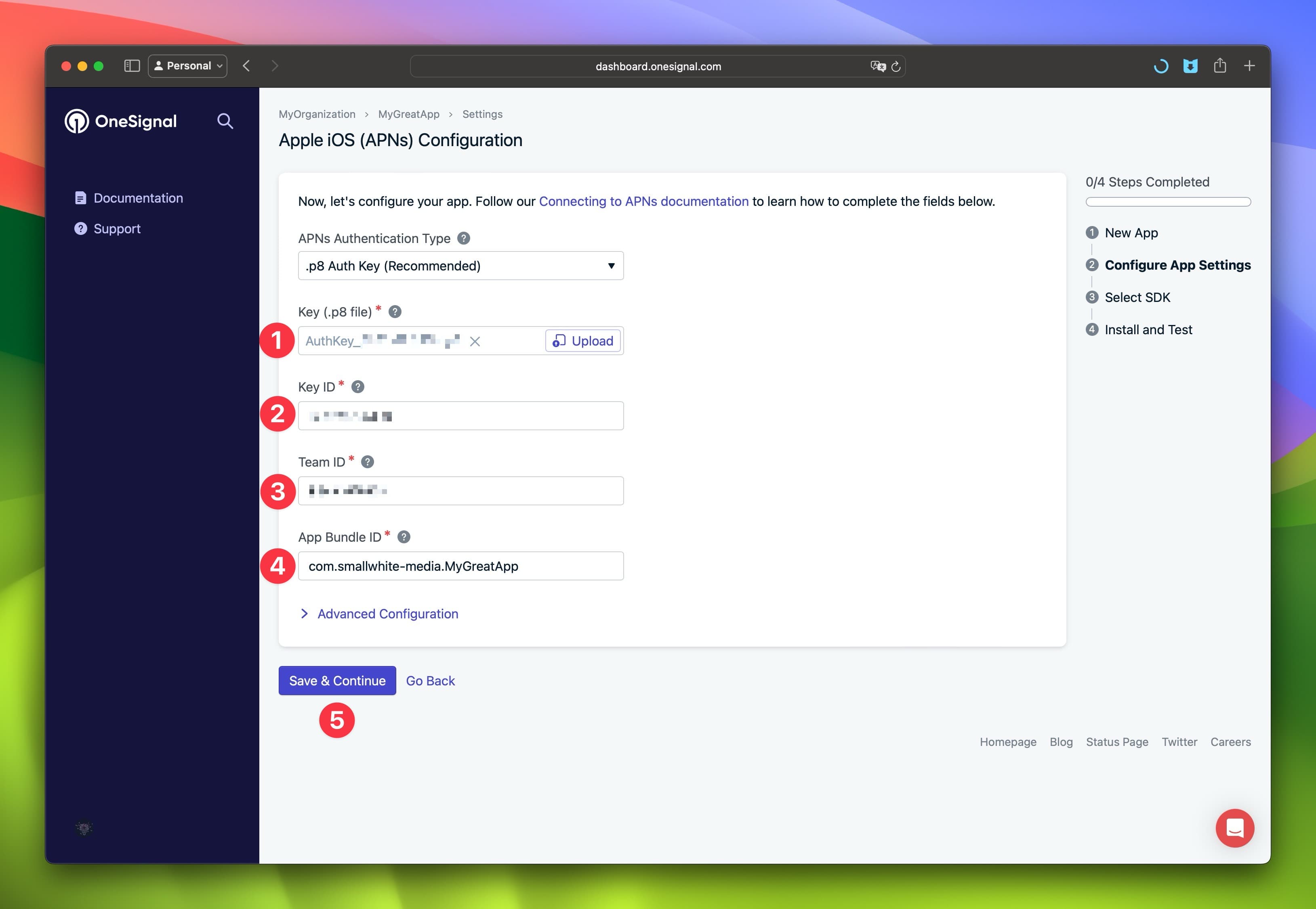 One Signal APNs Configuration Screen