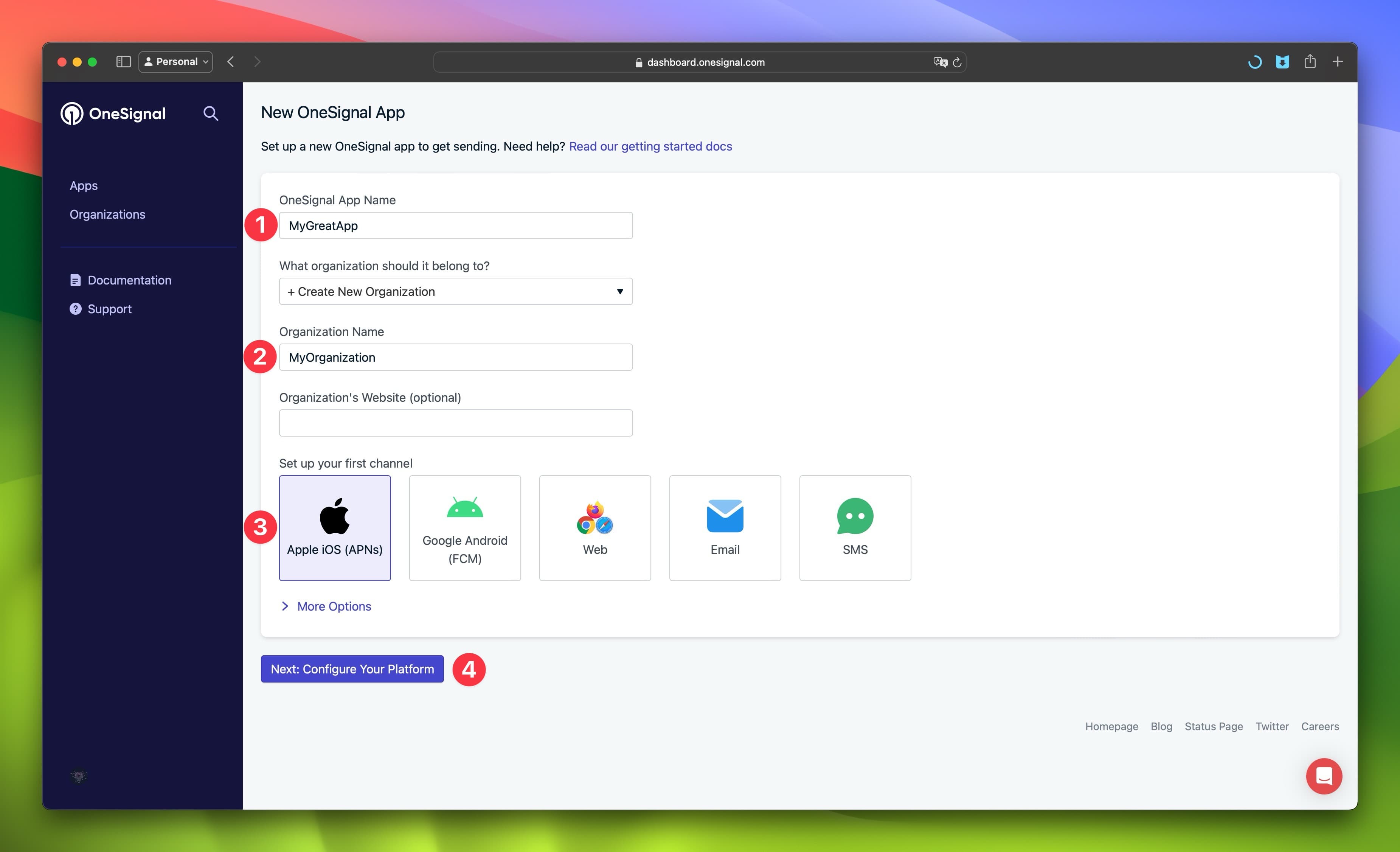 One Signal App Creation Screen
