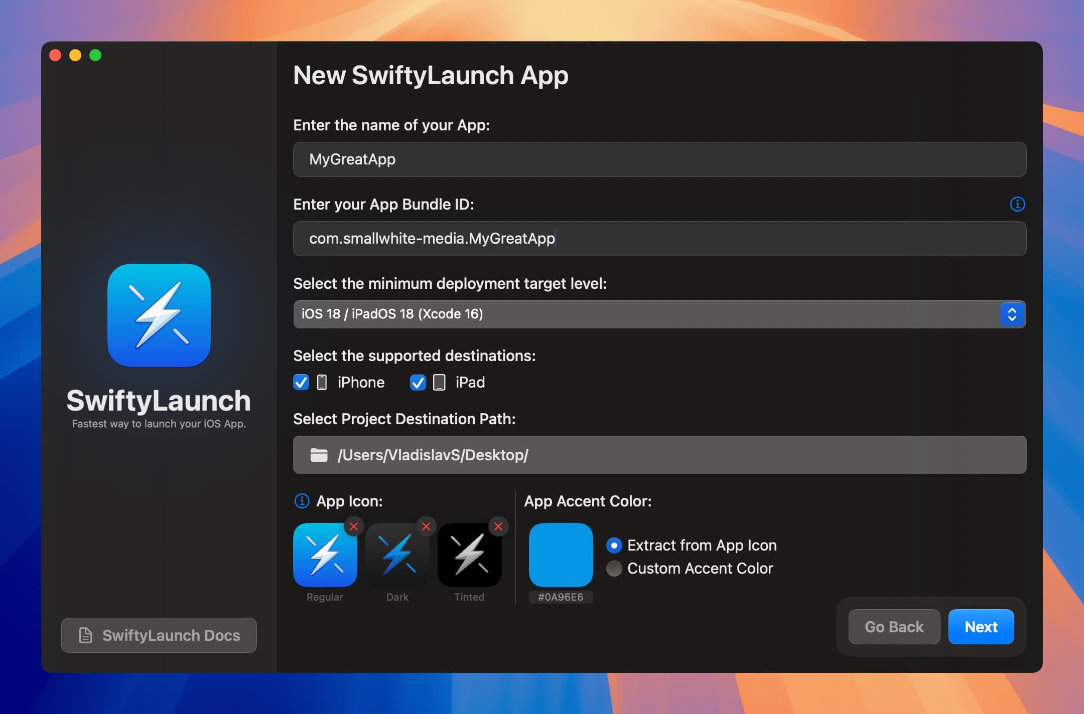 SwiftyLaunch Base App Info Input Screen