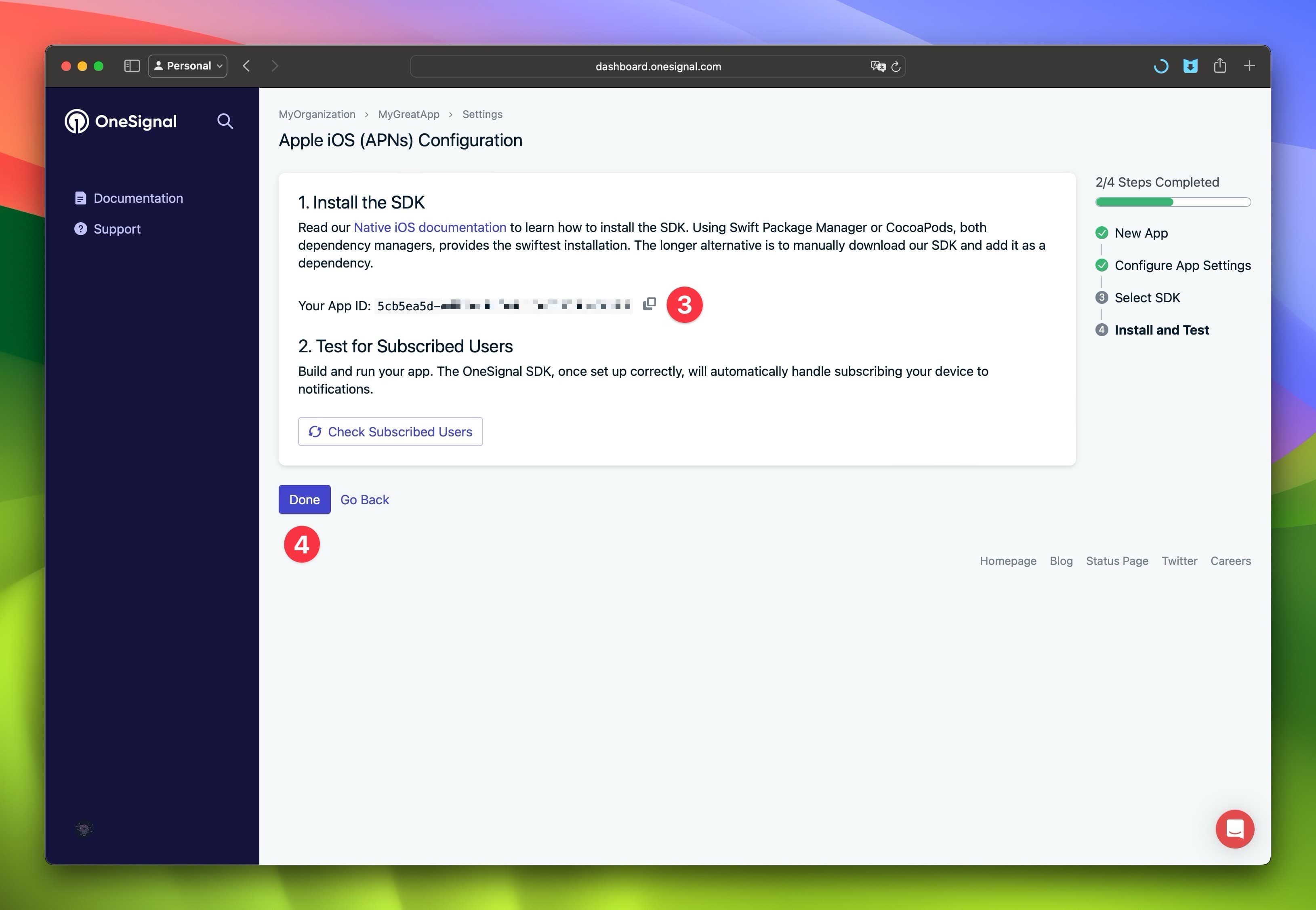 One Signal APNs Copy APP ID Screen