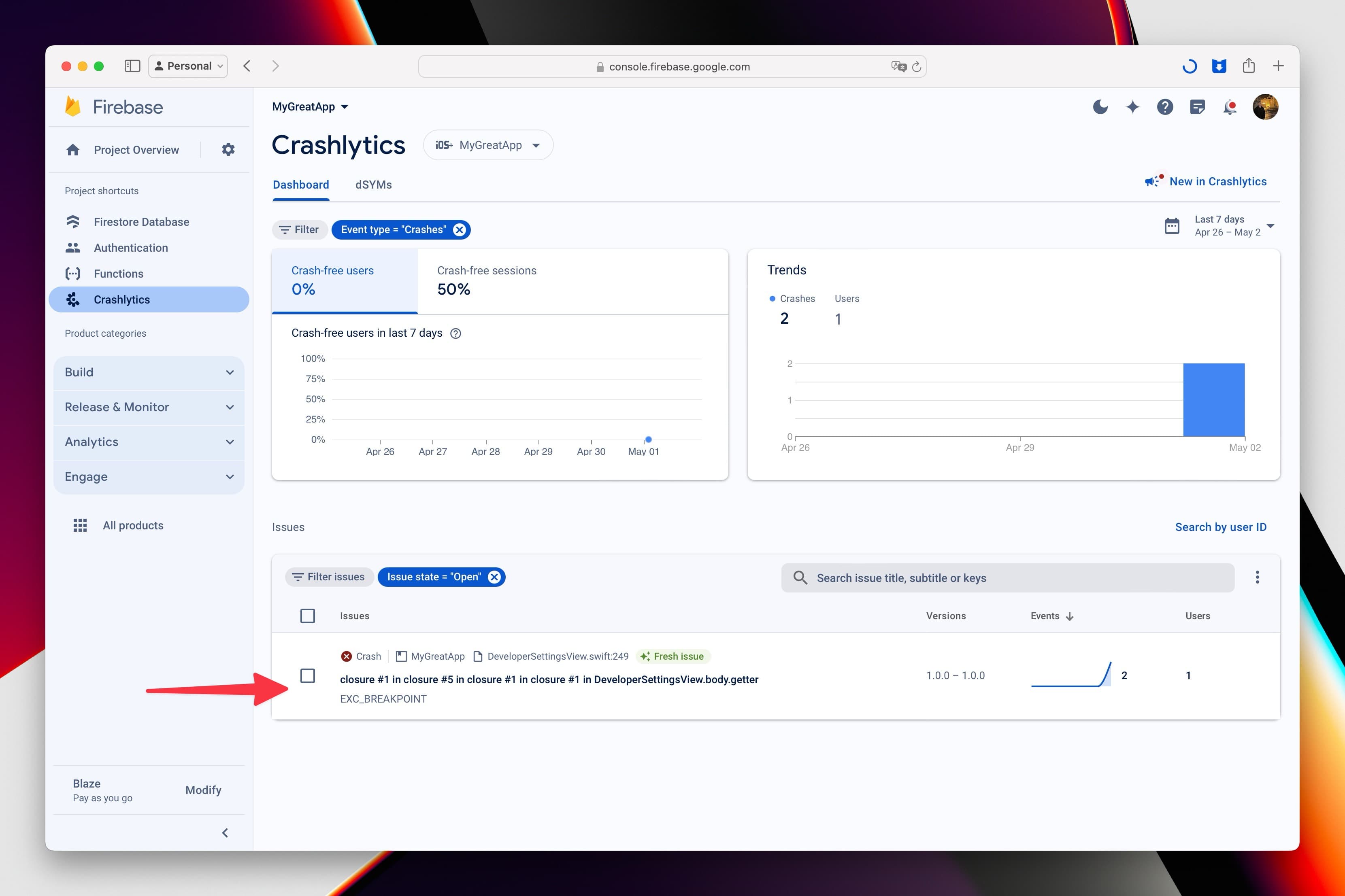 App Crash Crashlytics Dashboard