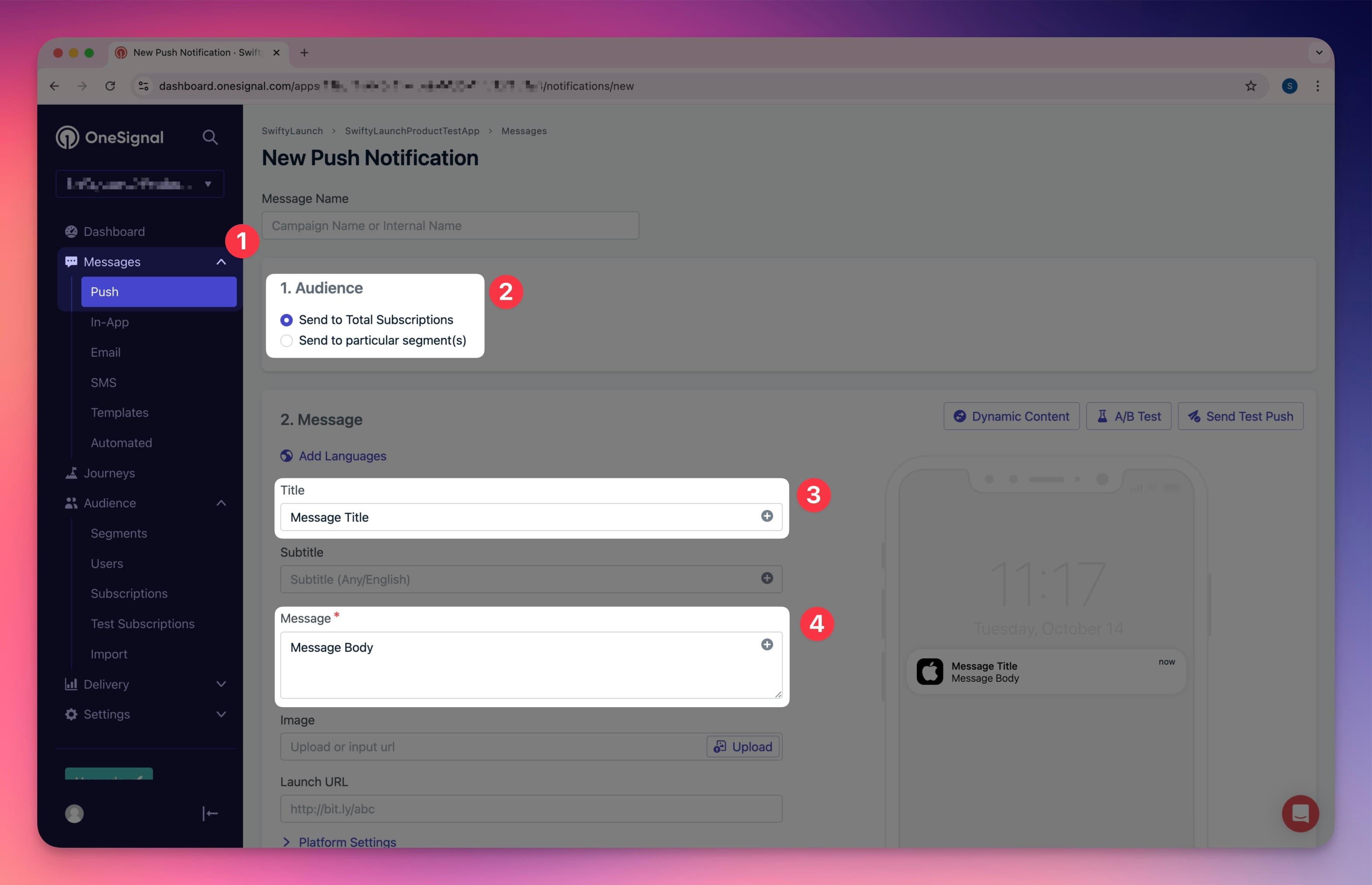 OneSignal Dashboard - Sending a Push Notification, Step 1