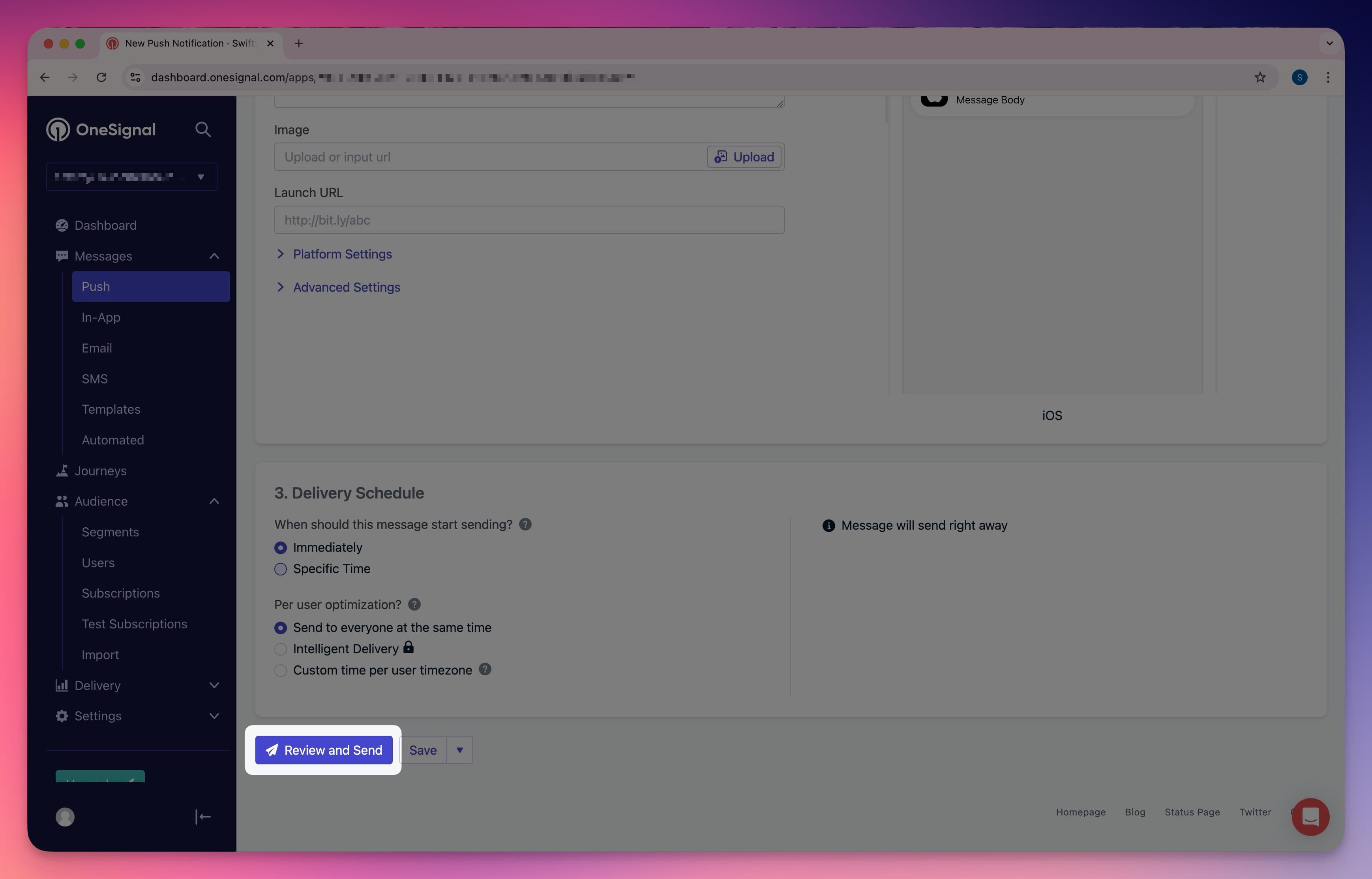 OneSignal Dashboard - Sending a Push Notification, Step 2