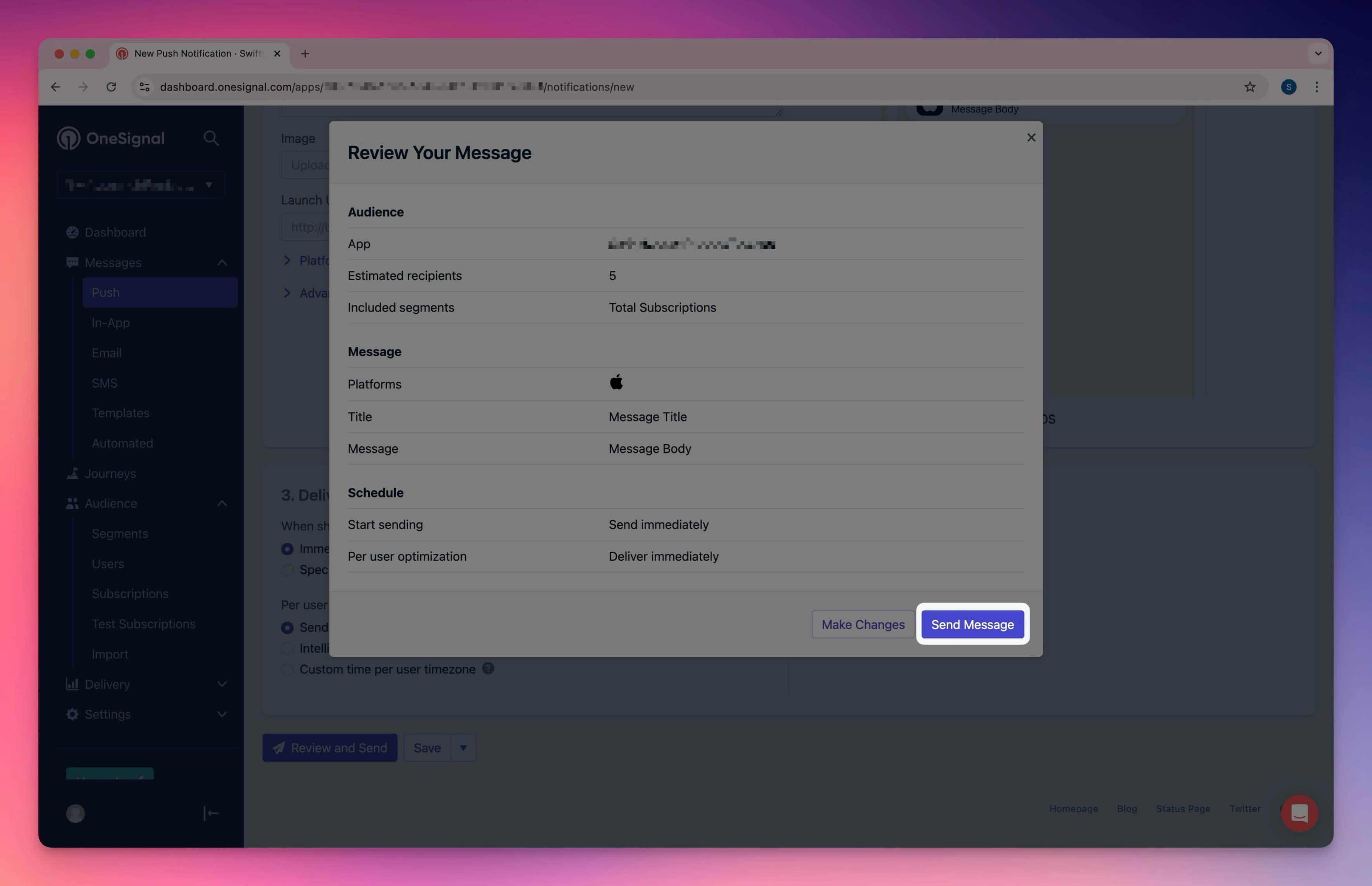 OneSignal Dashboard - Sending a Push Notification, Step 3