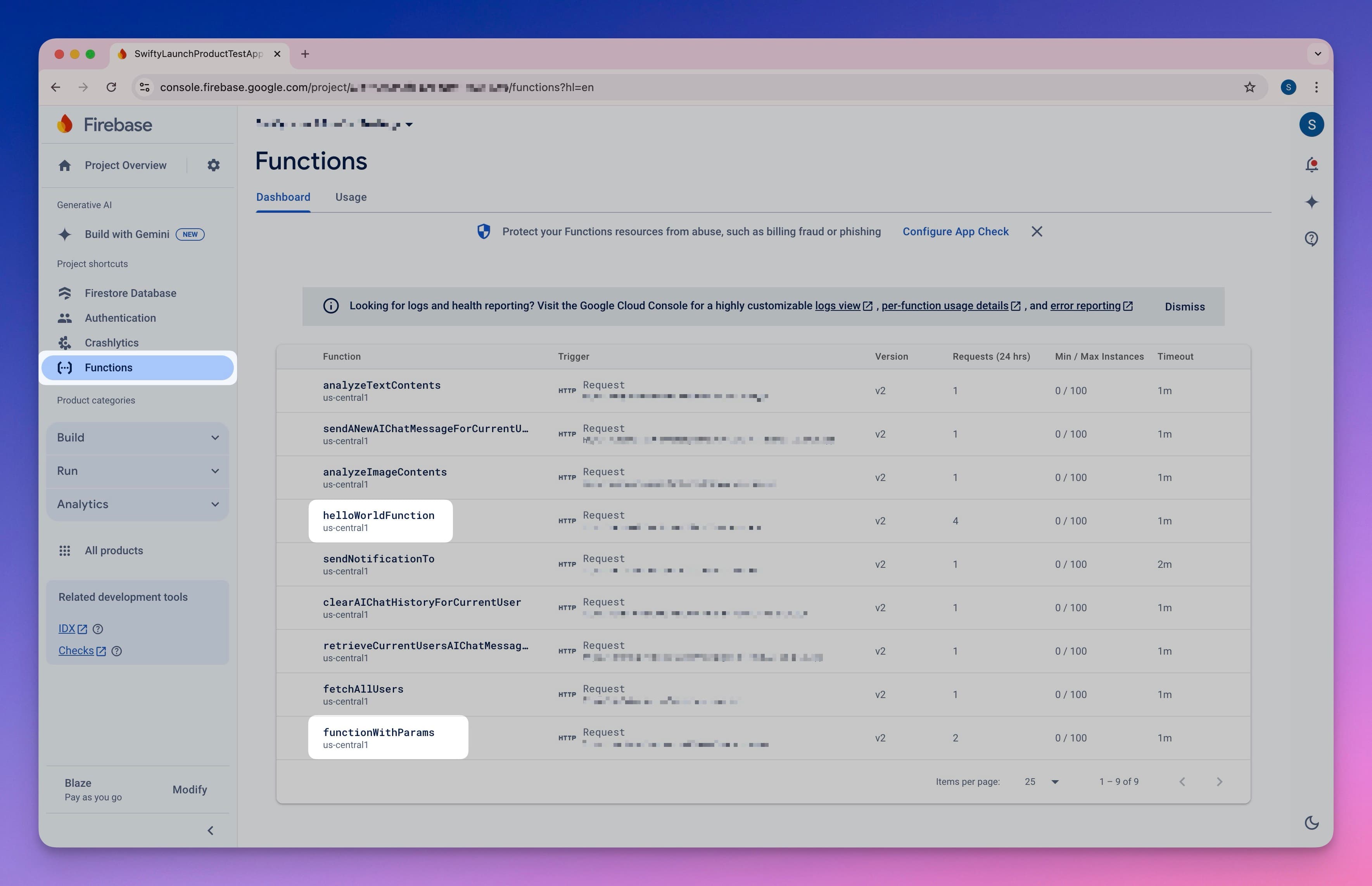 Deployed Functions in Console