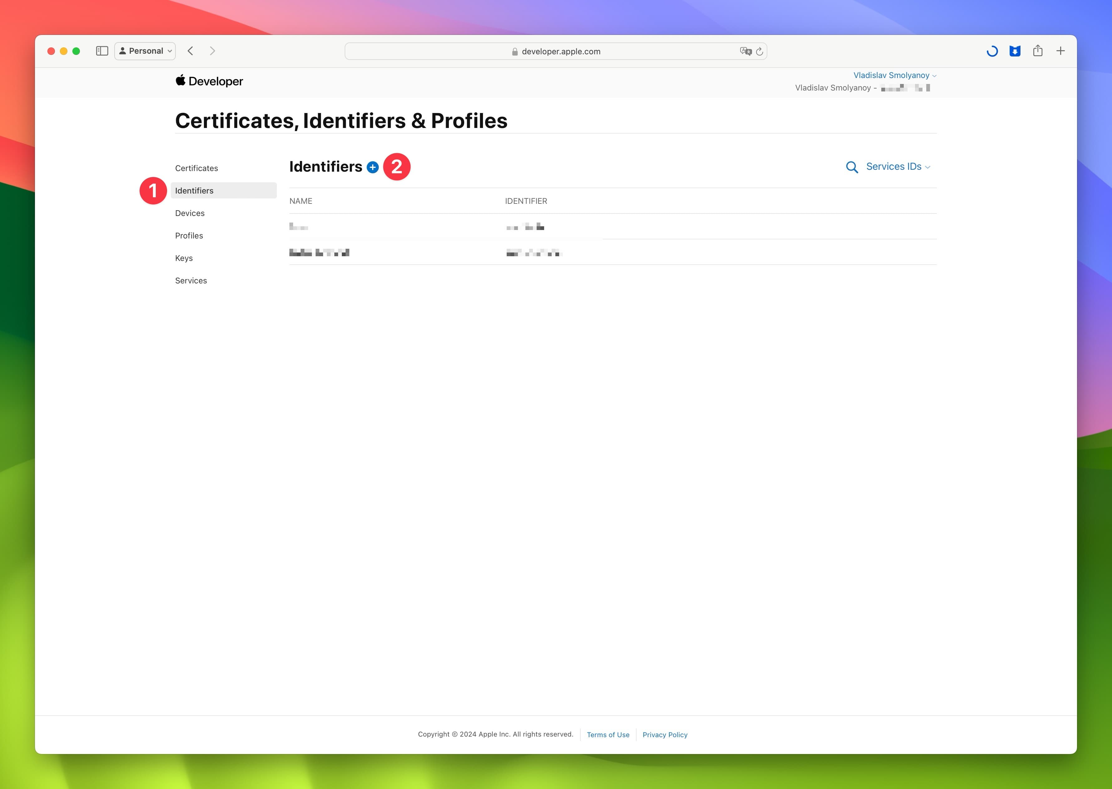 Apple Developer Identifiers Section
