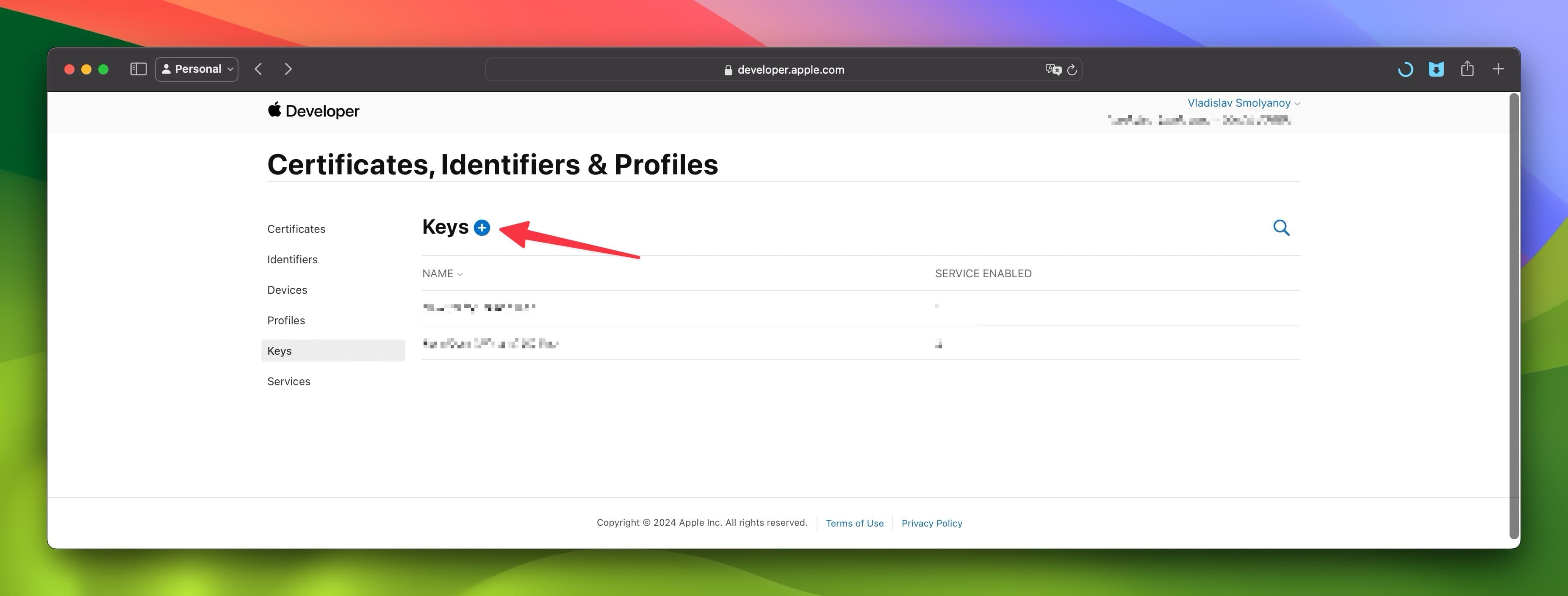 Apple Developer Keys Section