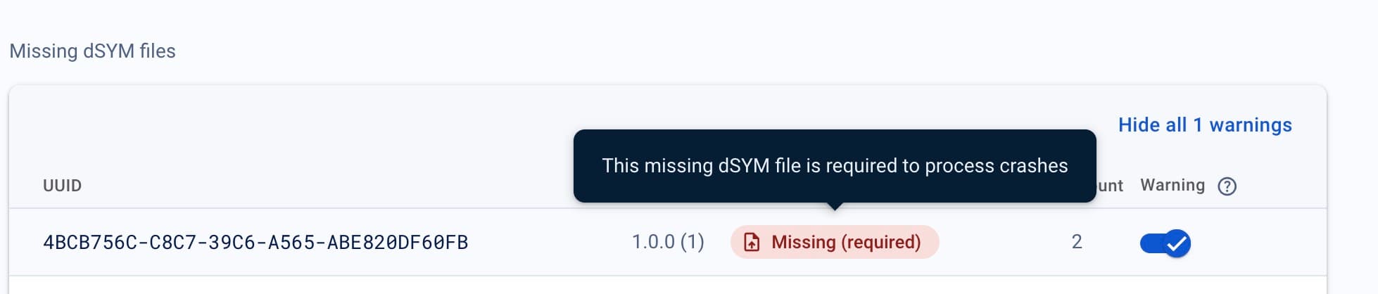 Missing dSYM in Firebase Console