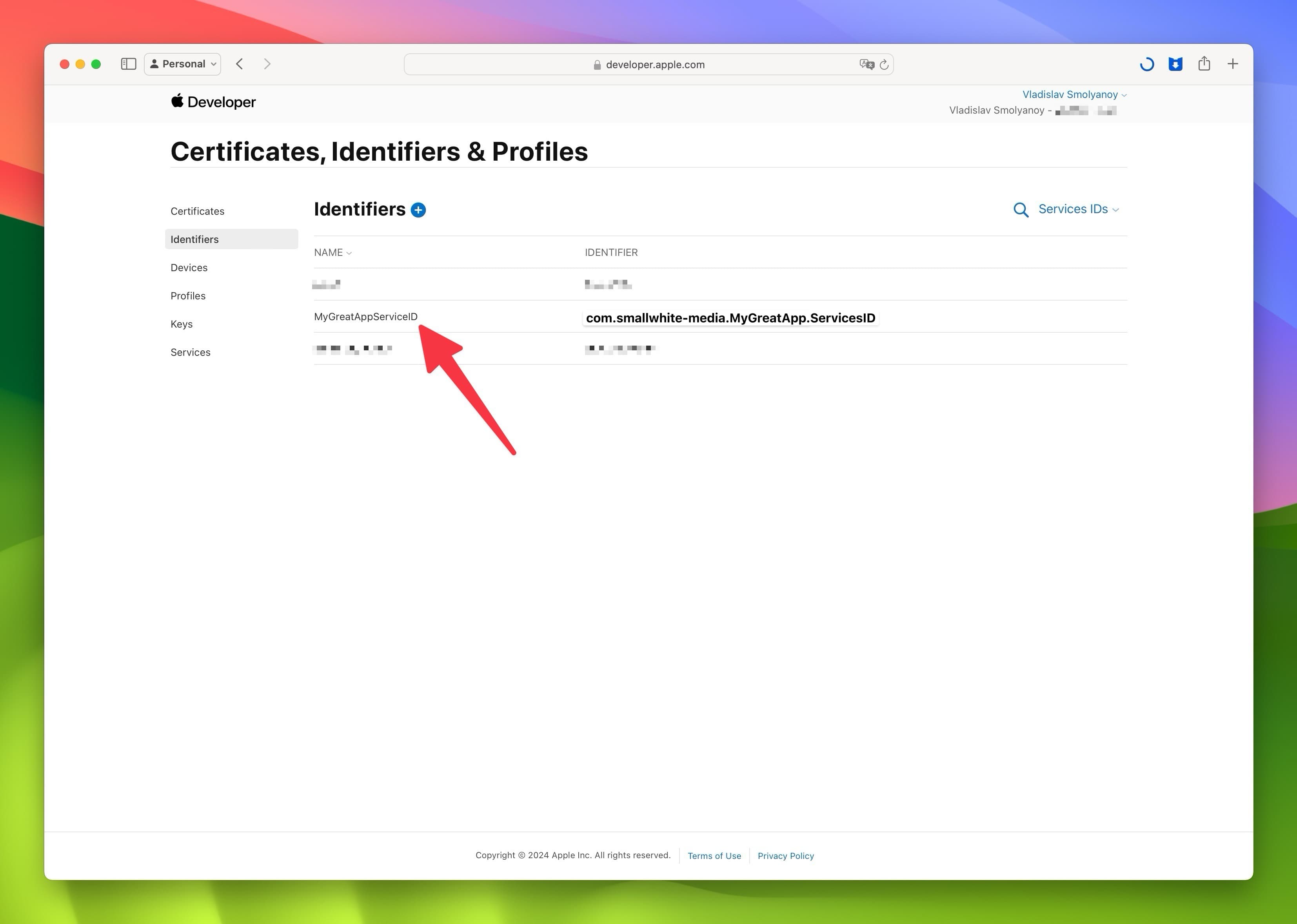 Apple Developer Identifiers Section