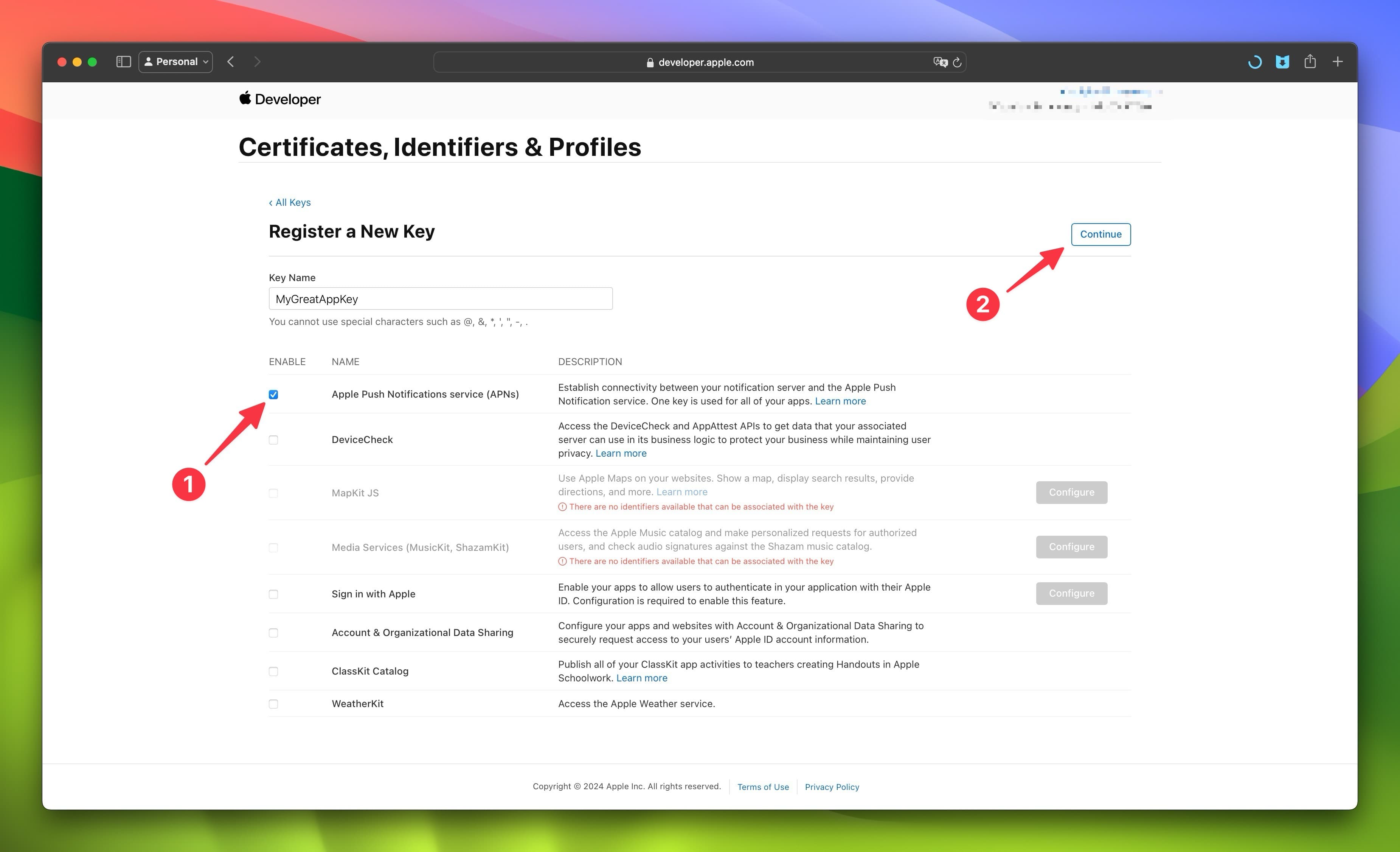 Apple Developer Key Creation Screen