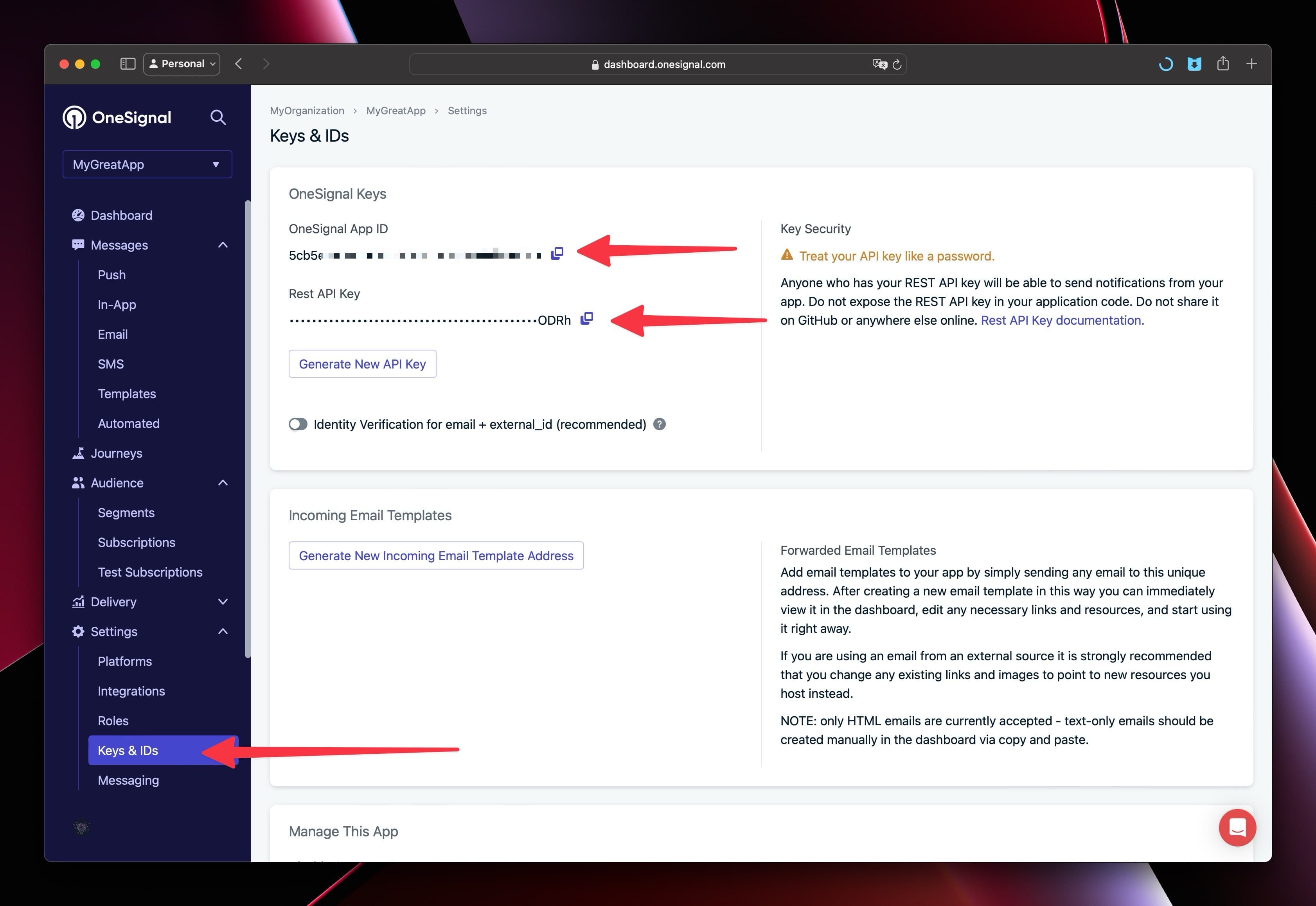 New OneSignal API Key