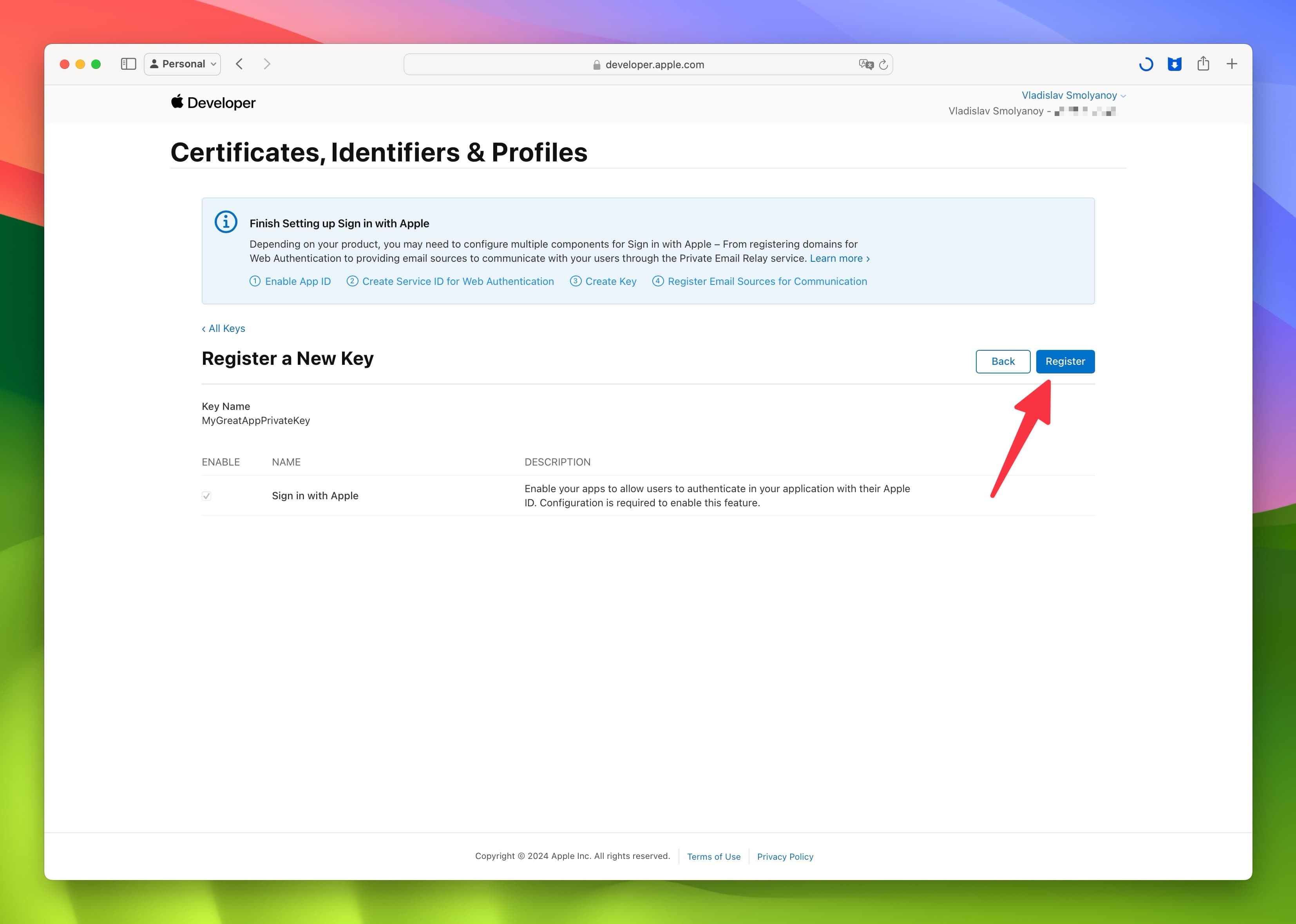 Apple Developer Register Key Screen