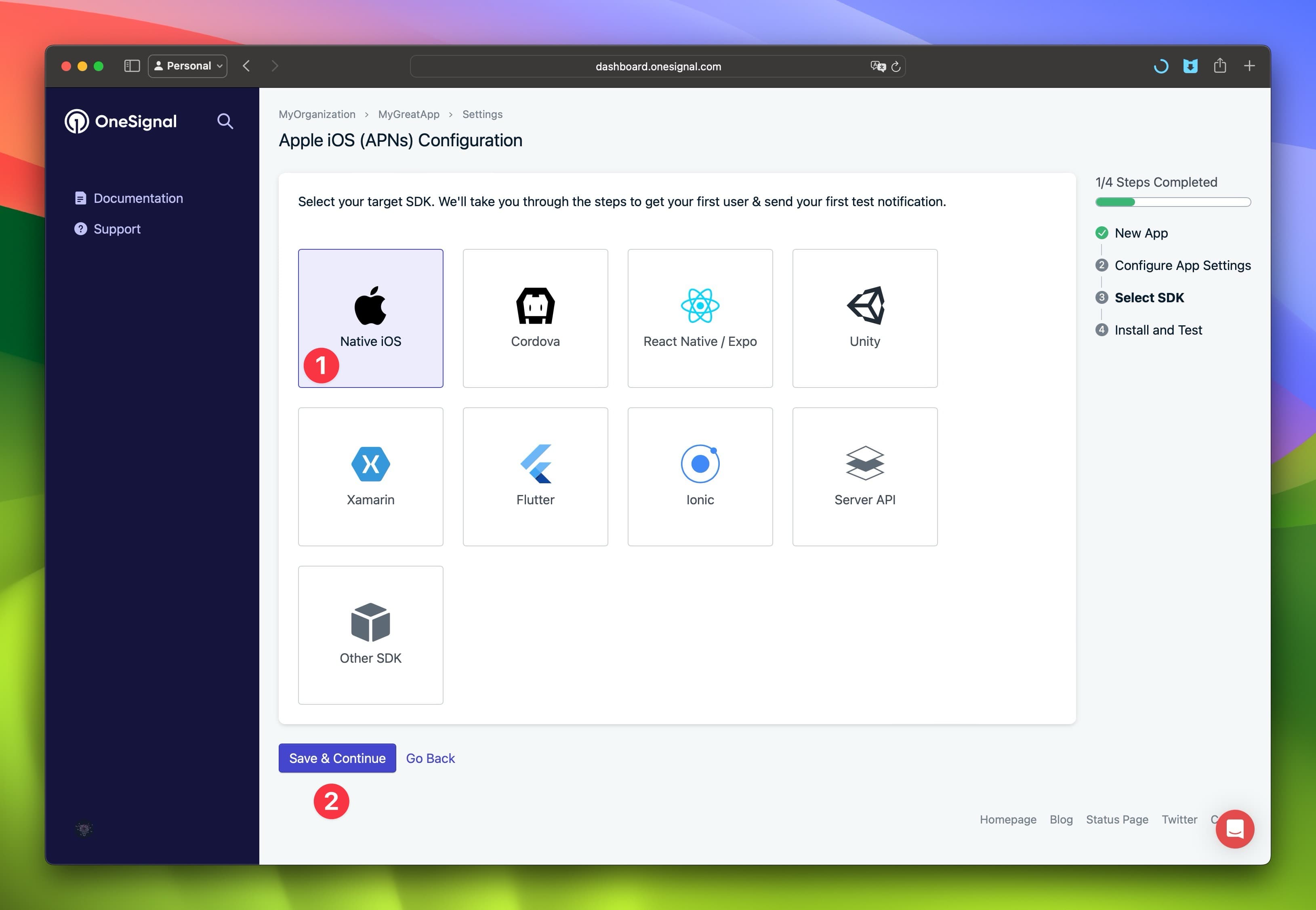 One Signal APNs Select SDK Screen