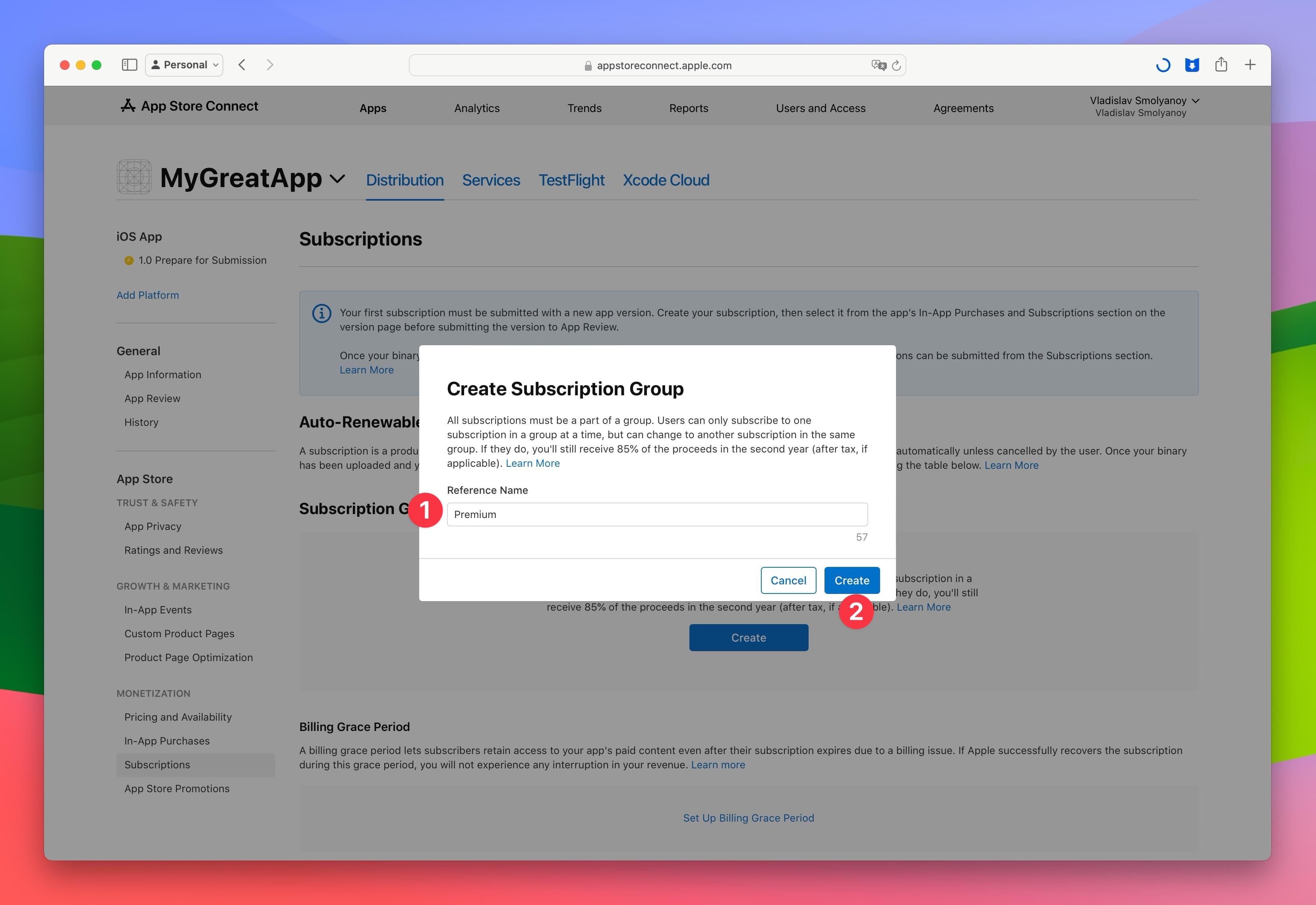 App Store Connect New Subscription Group Name Enter