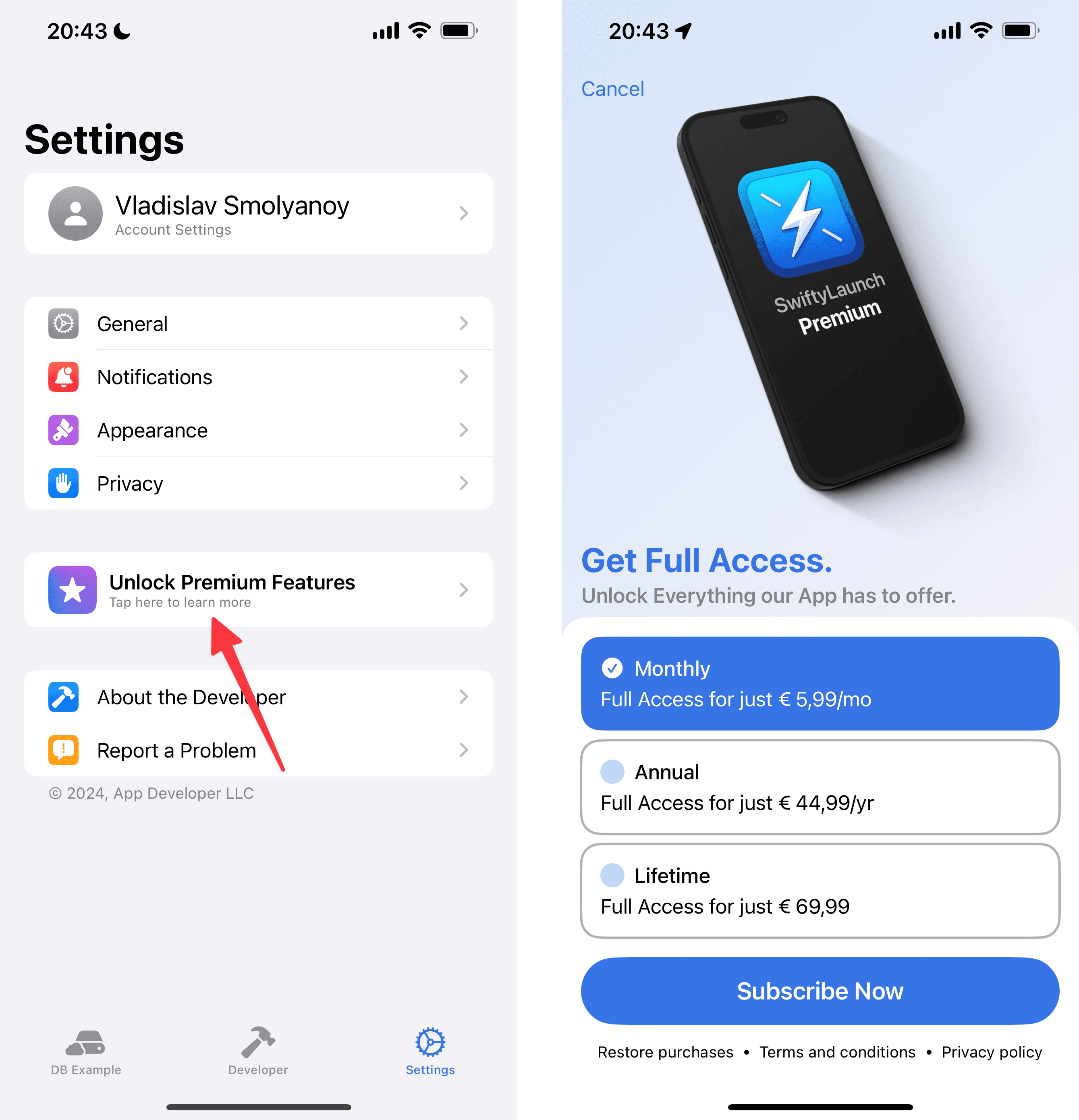 App Test Images, Settings screen and Paywall